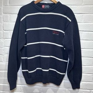 Chaps Ralph Lauren Navy Blue White Striped Knit Crewneck Sweater Size Medium